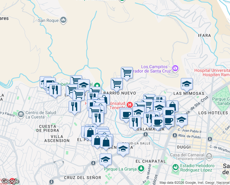 map of restaurants, bars, coffee shops, grocery stores, and more near 56 Calle los Cien Escalones in Santa Cruz de Tenerife