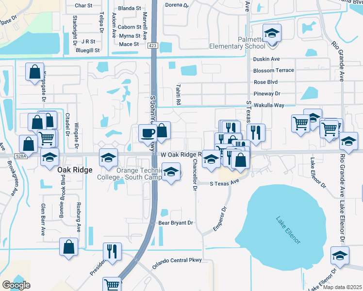map of restaurants, bars, coffee shops, grocery stores, and more near 2929 West Oak Ridge Road in Orlando