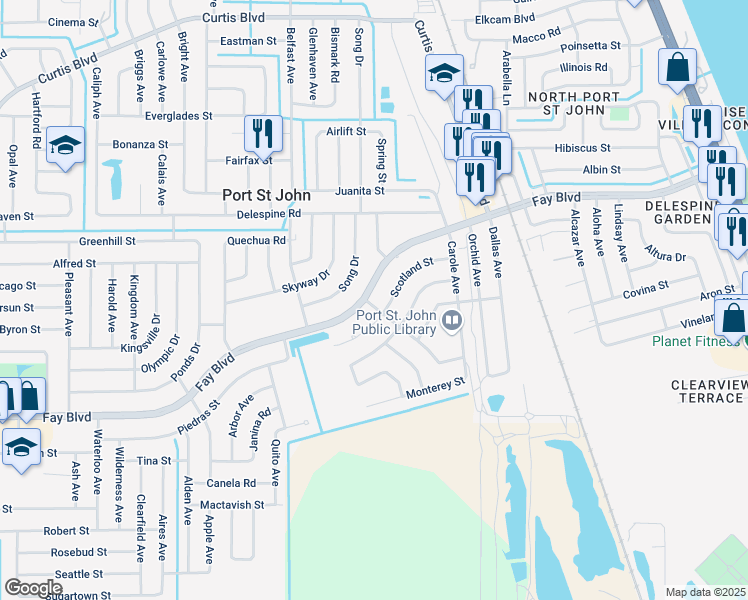 map of restaurants, bars, coffee shops, grocery stores, and more near 6485 Manila Drive in Cocoa