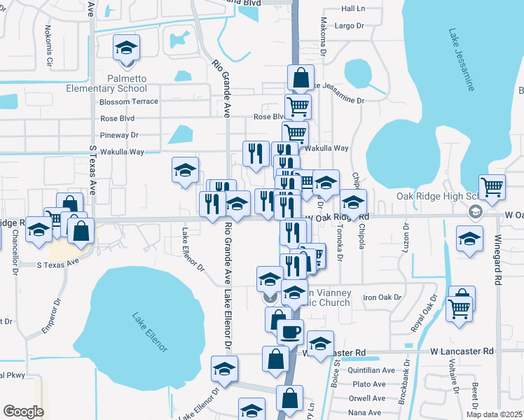 map of restaurants, bars, coffee shops, grocery stores, and more near 1325 West Oak Ridge Road in Orlando