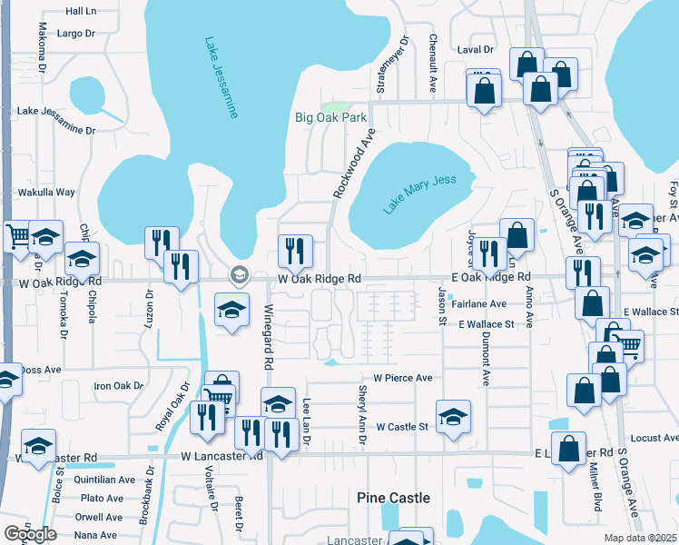 map of restaurants, bars, coffee shops, grocery stores, and more near 431 West Oak Ridge Road in Orlando