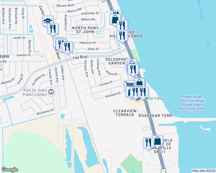 map of restaurants, bars, coffee shops, grocery stores, and more near 1132 Aron Street in Cocoa