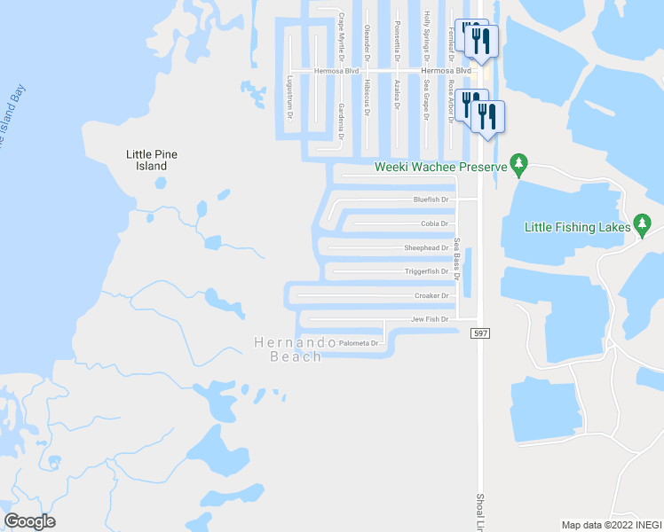 map of restaurants, bars, coffee shops, grocery stores, and more near 3391 Triggerfish Dr in Hernando Beach
