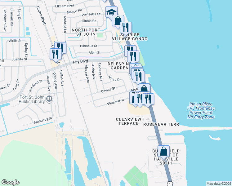 map of restaurants, bars, coffee shops, grocery stores, and more near 1132 Aron Street in Cocoa