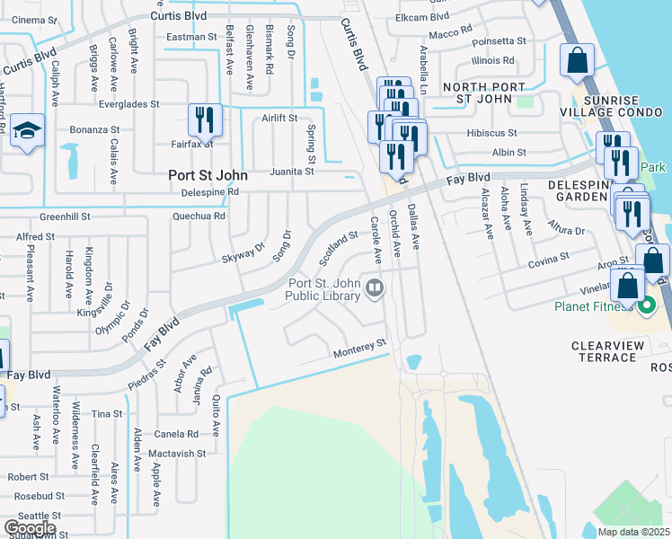 map of restaurants, bars, coffee shops, grocery stores, and more near 3940 Oakland Street in Cocoa