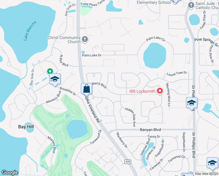 map of restaurants, bars, coffee shops, grocery stores, and more near 8619 Sandberry Boulevard in Orlando