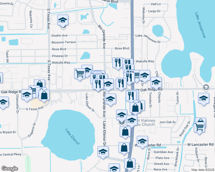 map of restaurants, bars, coffee shops, grocery stores, and more near 1635 West Oak Ridge Road in Pine Castle