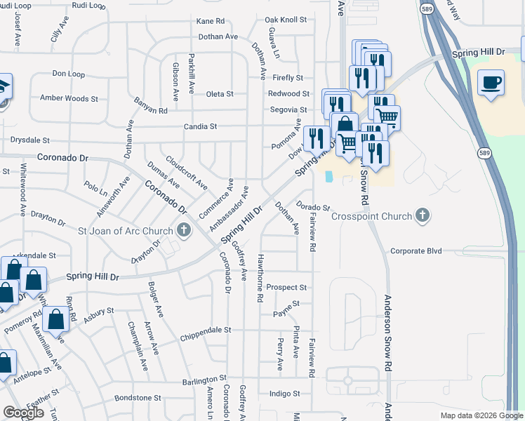 map of restaurants, bars, coffee shops, grocery stores, and more near 14143 Spring Hill Drive in Spring Hill