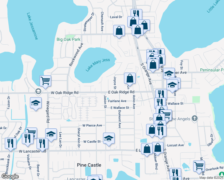 map of restaurants, bars, coffee shops, grocery stores, and more near 113 County Road 528A in Pine Castle