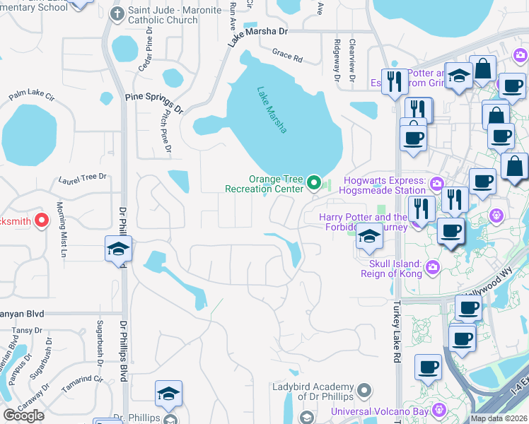 map of restaurants, bars, coffee shops, grocery stores, and more near 7354 Sparkling Lake Rd in Orlando