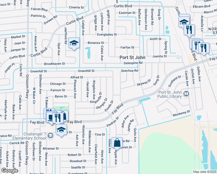 map of restaurants, bars, coffee shops, grocery stores, and more near 4240 Ponds Drive in Cocoa