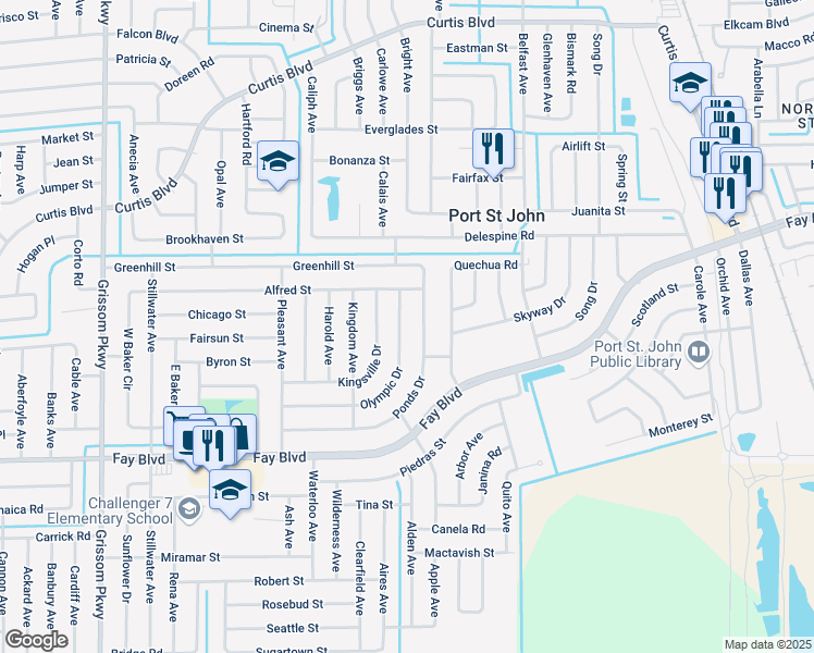 map of restaurants, bars, coffee shops, grocery stores, and more near 4240 Ponds Drive in Cocoa