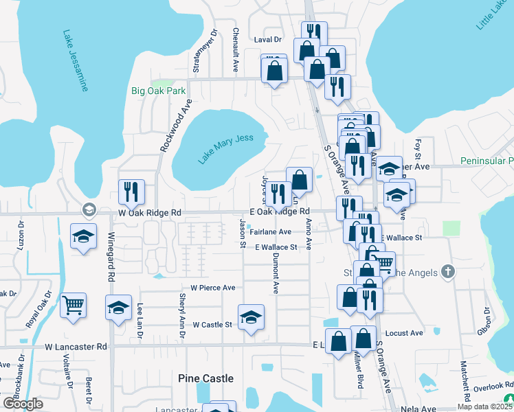 map of restaurants, bars, coffee shops, grocery stores, and more near 113 County Road 528A in Pine Castle