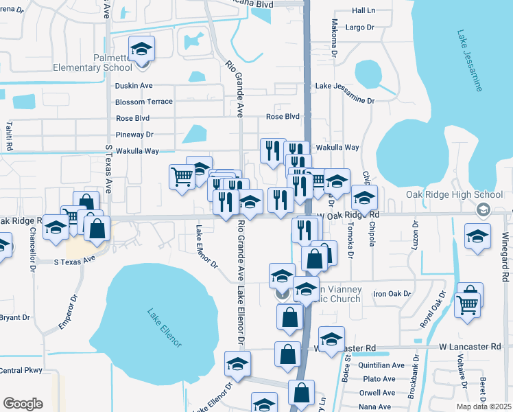 map of restaurants, bars, coffee shops, grocery stores, and more near 1635 West Oak Ridge Road in Orlando