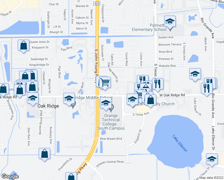 map of restaurants, bars, coffee shops, grocery stores, and more near 2929 West Oak Ridge Road in Orlando