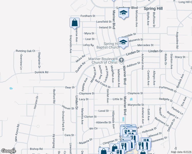map of restaurants, bars, coffee shops, grocery stores, and more near 2488 Mandrell Avenue in Spring Hill