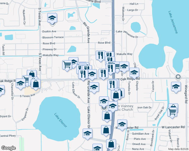 map of restaurants, bars, coffee shops, grocery stores, and more near 1635 West Oak Ridge Road in Pine Castle