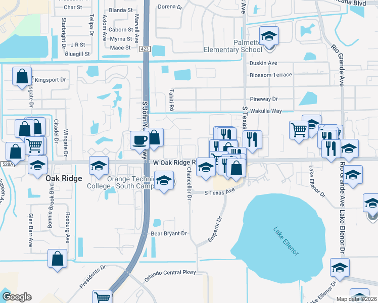 map of restaurants, bars, coffee shops, grocery stores, and more near 2727 West Oak Ridge Road in Orlando