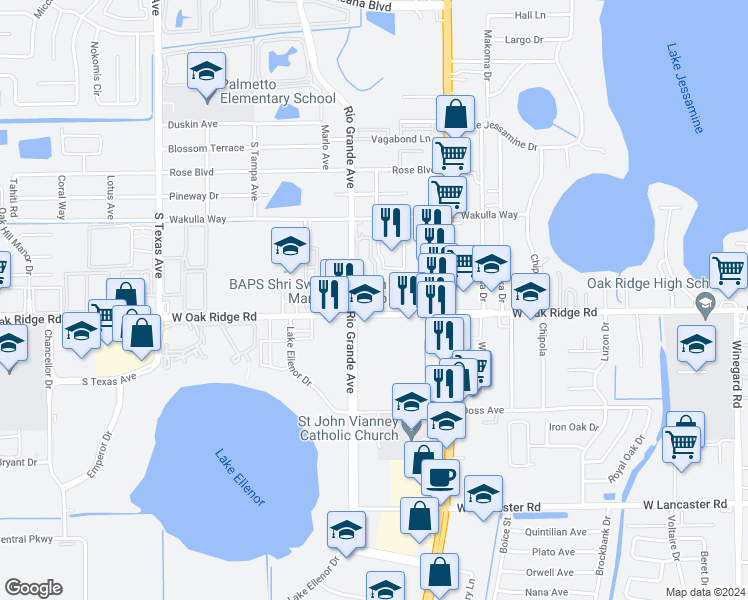map of restaurants, bars, coffee shops, grocery stores, and more near 1635 West Oak Ridge Road in Pine Castle