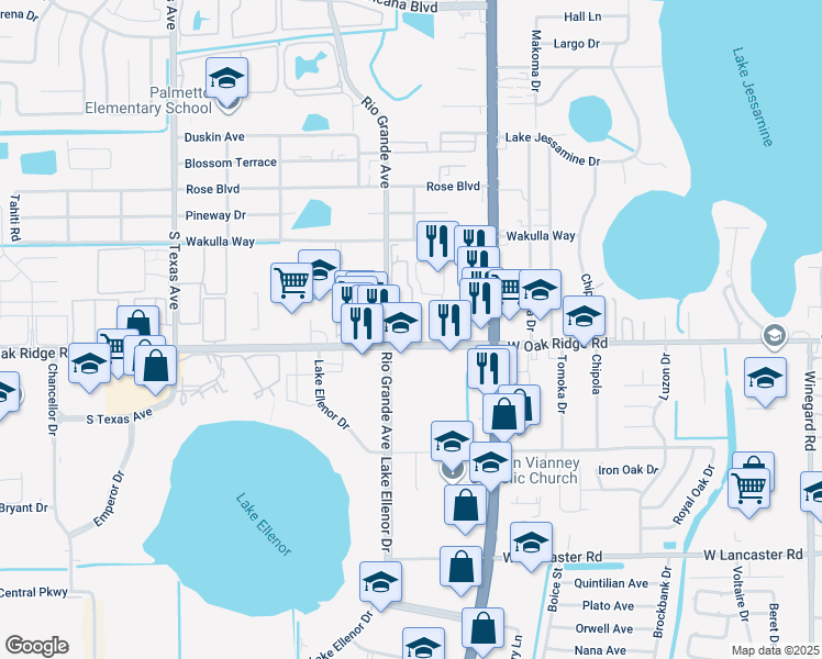 map of restaurants, bars, coffee shops, grocery stores, and more near 1619 West Oak Ridge Road in Orlando