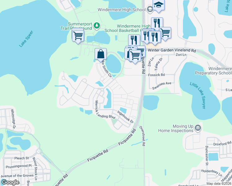 map of restaurants, bars, coffee shops, grocery stores, and more near 6395 Bridgewater Village Road in Windermere