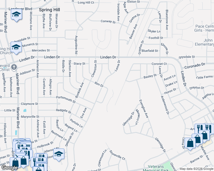 map of restaurants, bars, coffee shops, grocery stores, and more near 2512 Rim Drive in Spring Hill