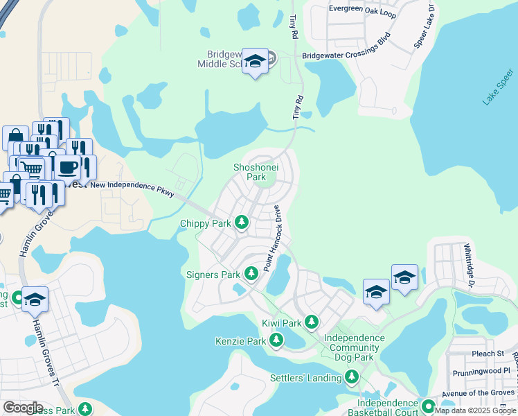 map of restaurants, bars, coffee shops, grocery stores, and more near 6205 Lewis and Clark Avenue in Winter Garden