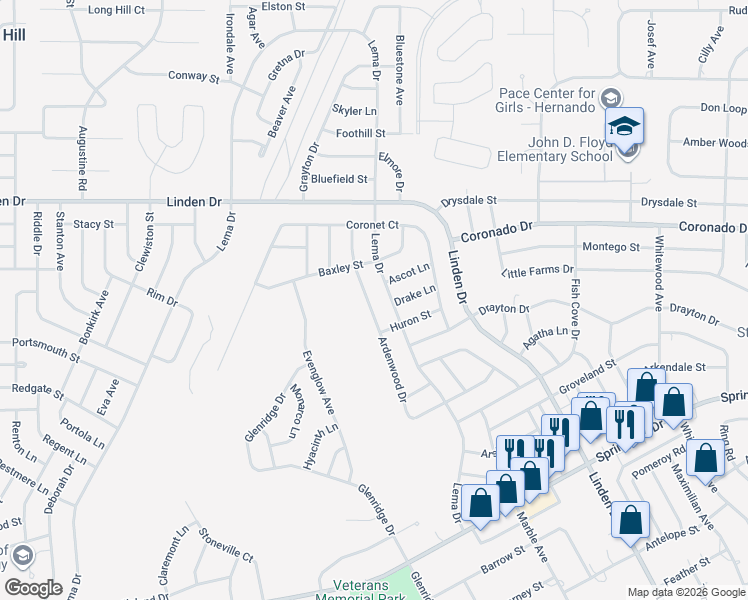 map of restaurants, bars, coffee shops, grocery stores, and more near 2372 Ardenwood Drive in Spring Hill