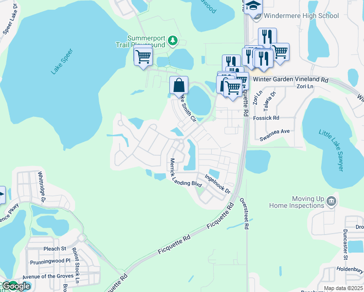 map of restaurants, bars, coffee shops, grocery stores, and more near 6337 Merrick Landing Boulevard in Windermere