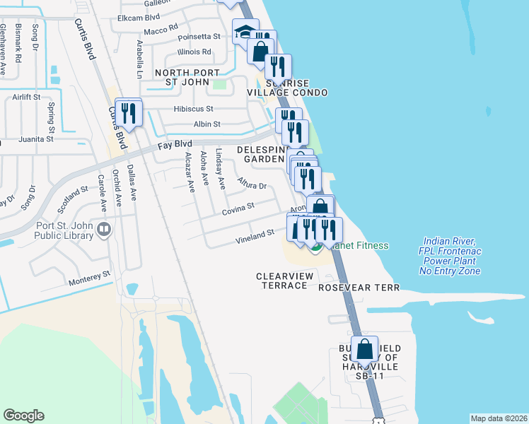 map of restaurants, bars, coffee shops, grocery stores, and more near 1180 Aron Street in Cocoa