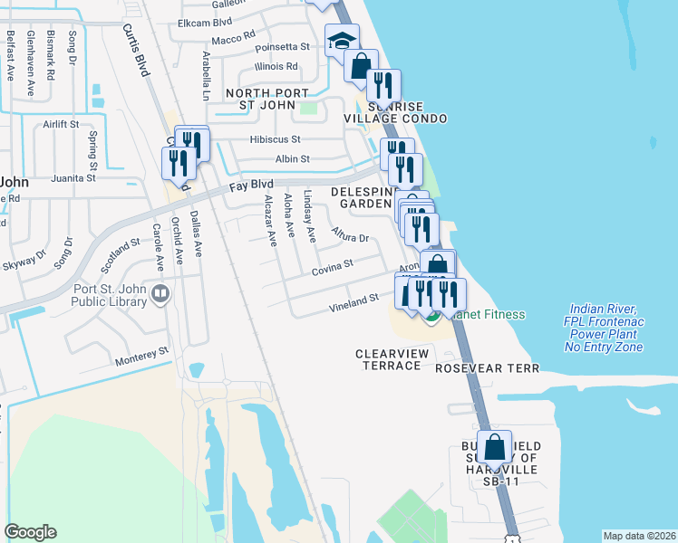 map of restaurants, bars, coffee shops, grocery stores, and more near 1132 Aron Street in Cocoa