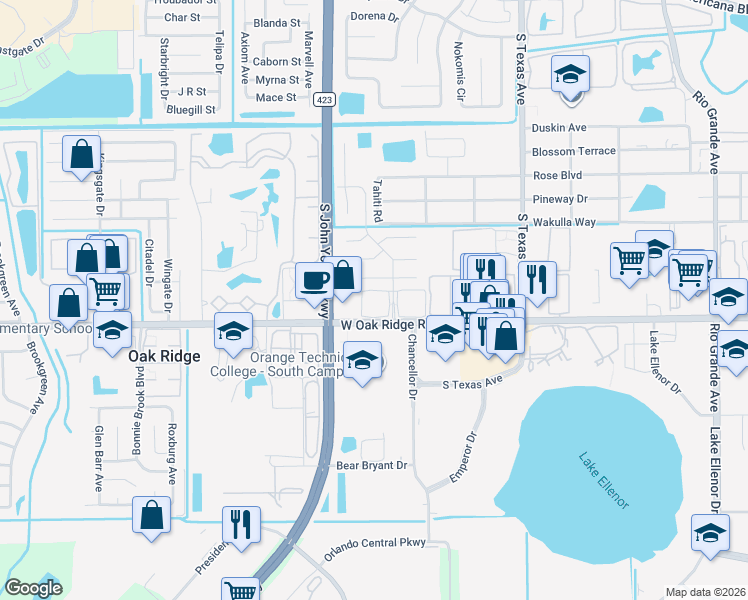 map of restaurants, bars, coffee shops, grocery stores, and more near 2929 West Oak Ridge Road in Orlando