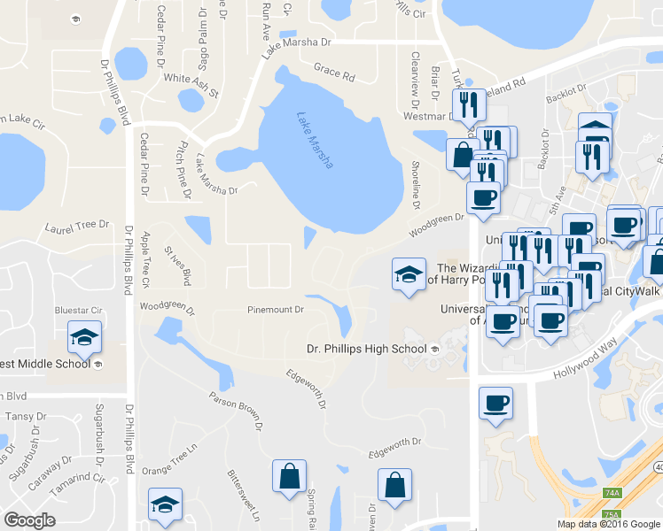 map of restaurants, bars, coffee shops, grocery stores, and more near 7450 Sparkling Lake Road in Orlando