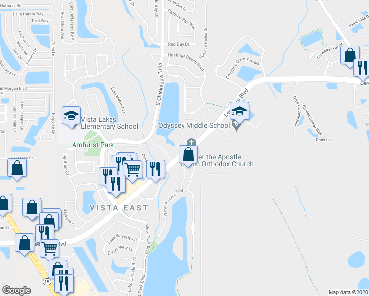 map of restaurants, bars, coffee shops, grocery stores, and more near 9109 Lee Vista Boulevard in Orlando