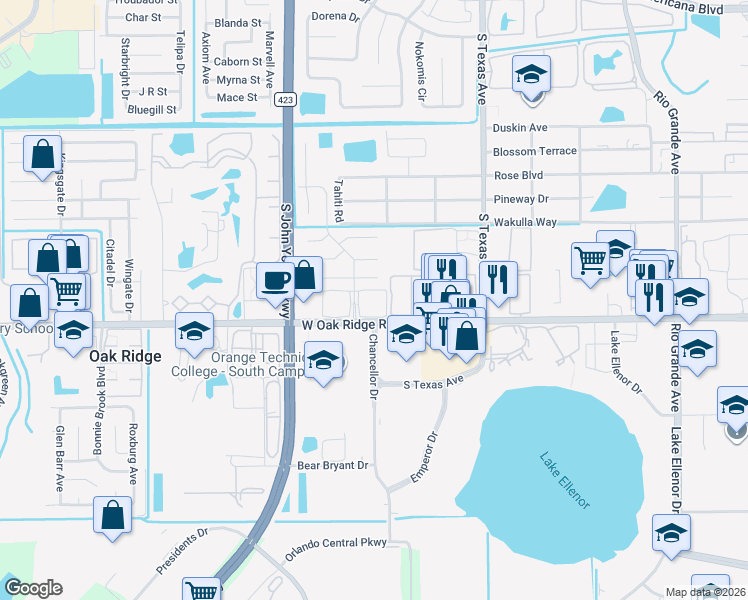 map of restaurants, bars, coffee shops, grocery stores, and more near 2727 West Oak Ridge Road in Orlando