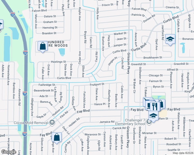 map of restaurants, bars, coffee shops, grocery stores, and more near 5185 Arlington Road in Cocoa