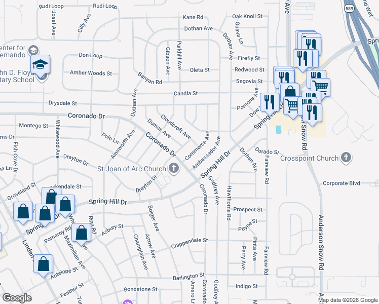 map of restaurants, bars, coffee shops, grocery stores, and more near 2485 Commerce Avenue in Spring Hill