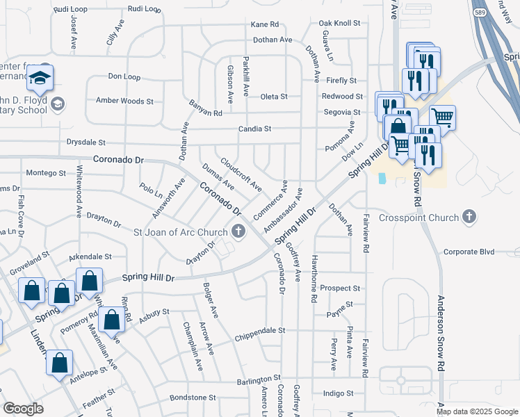 map of restaurants, bars, coffee shops, grocery stores, and more near 2485 Commerce Avenue in Spring Hill