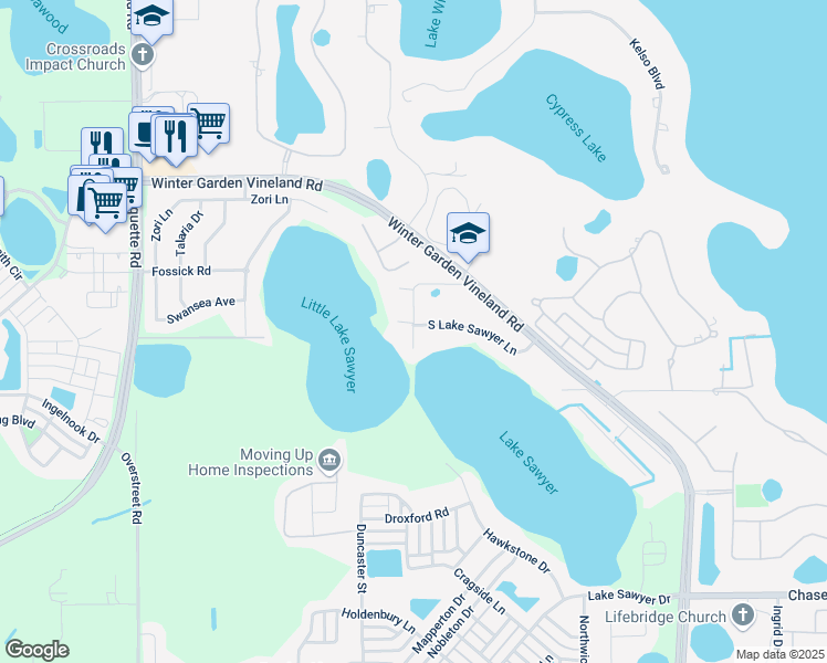 map of restaurants, bars, coffee shops, grocery stores, and more near 12816 South Lake Sawyer Lane in Windermere