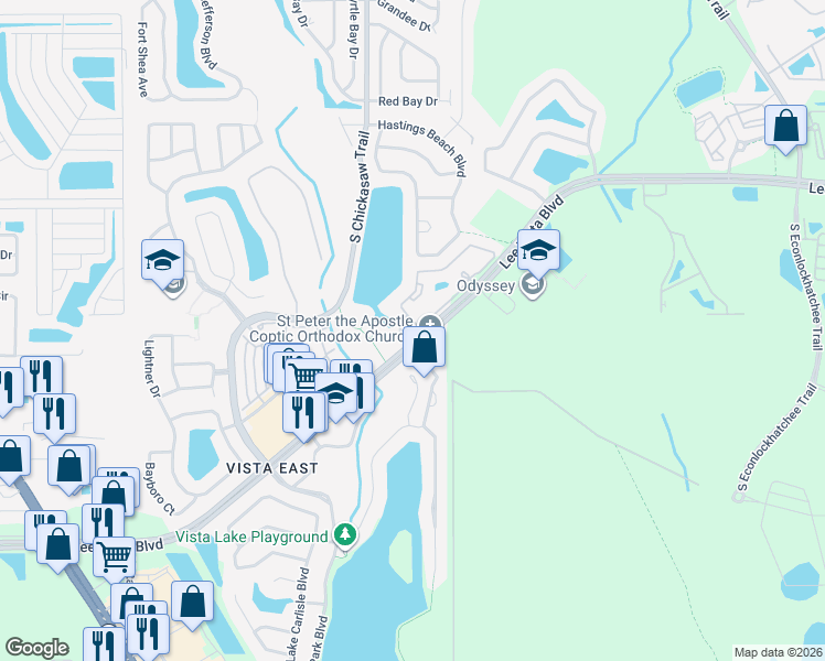 map of restaurants, bars, coffee shops, grocery stores, and more near 8951 Lee Vista Boulevard in Orlando
