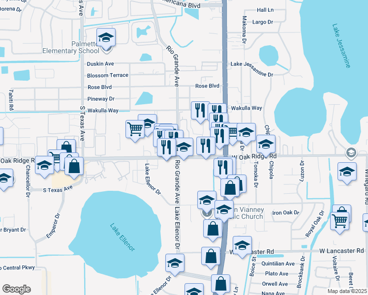 map of restaurants, bars, coffee shops, grocery stores, and more near 1635 West Oak Ridge Road in Orlando