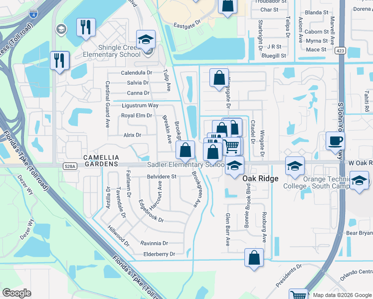 map of restaurants, bars, coffee shops, grocery stores, and more near 5819 Brookgreen Avenue in Orlando