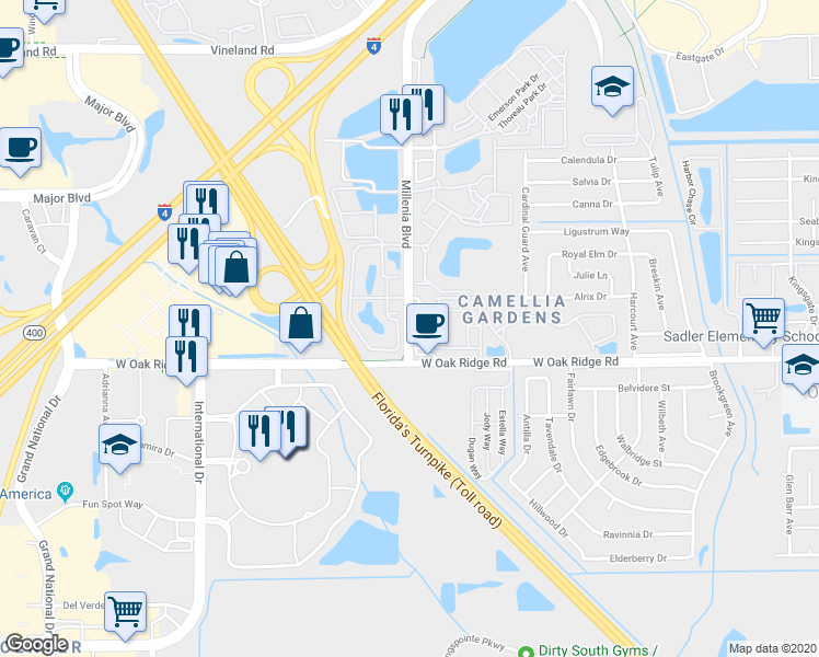 map of restaurants, bars, coffee shops, grocery stores, and more near 5344 Millenia Boulevard in Orlando