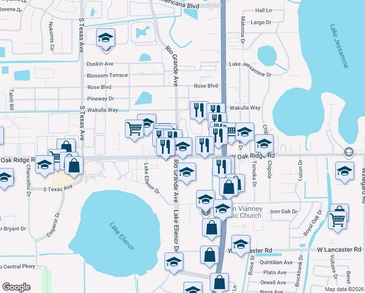 map of restaurants, bars, coffee shops, grocery stores, and more near 1635 West Oak Ridge Road in Pine Castle