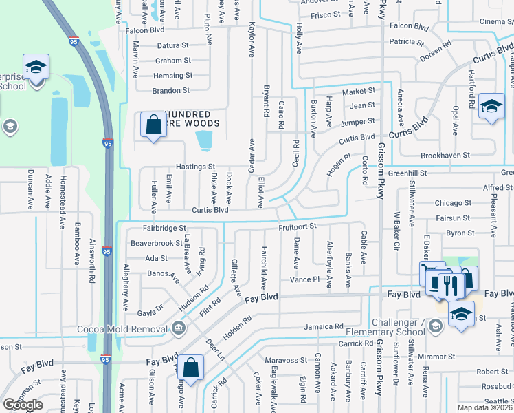 map of restaurants, bars, coffee shops, grocery stores, and more near 5415 Curtis Boulevard in Cocoa
