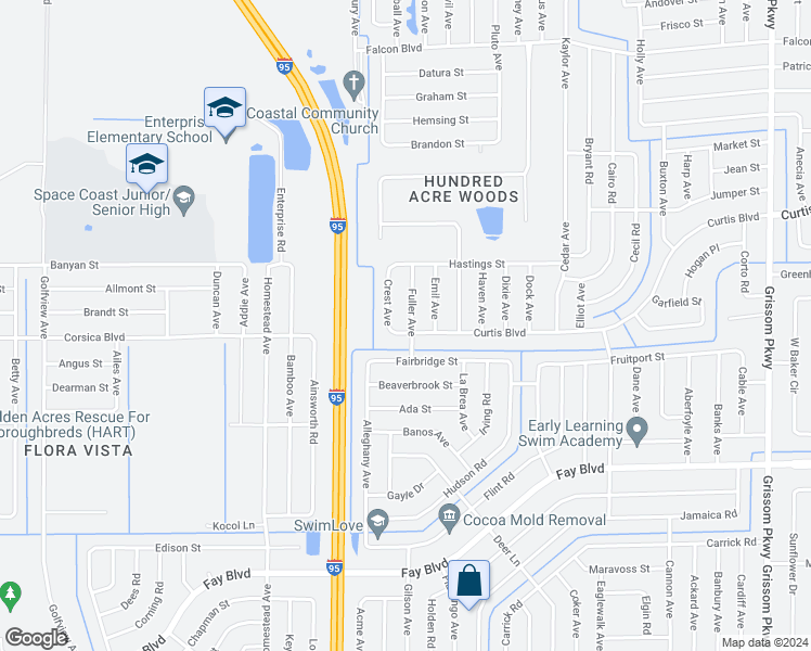 map of restaurants, bars, coffee shops, grocery stores, and more near 6550 Fuller Avenue in Cocoa