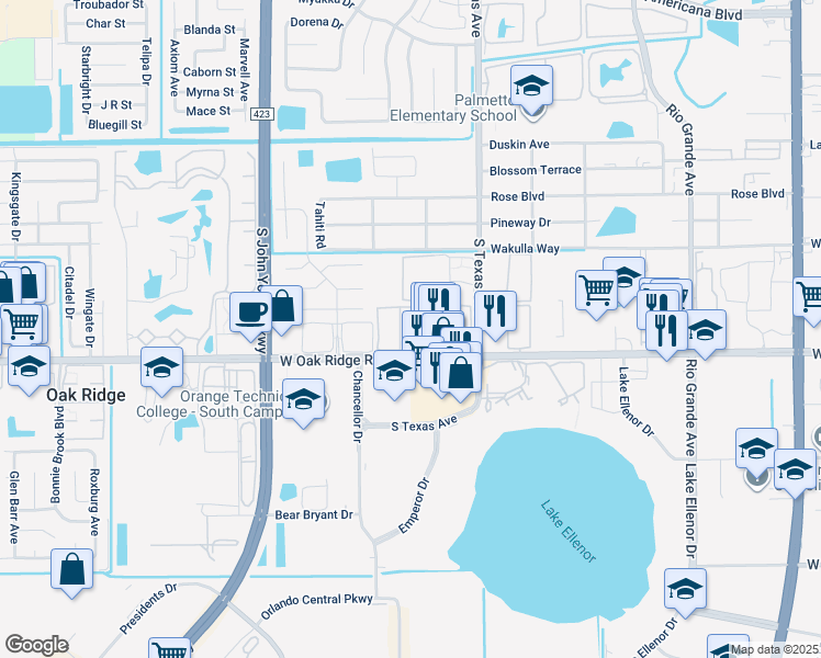 map of restaurants, bars, coffee shops, grocery stores, and more near 2533 West Oak Ridge Road in Orlando
