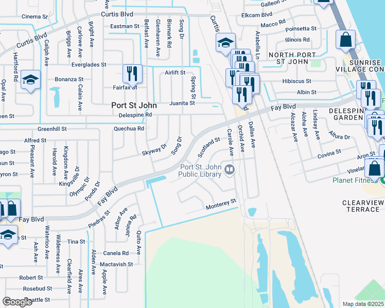 map of restaurants, bars, coffee shops, grocery stores, and more near 6485 Manila Drive in Cocoa