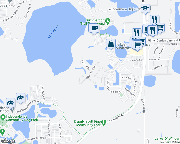 map of restaurants, bars, coffee shops, grocery stores, and more near 13908 Florigold Drive in Windermere