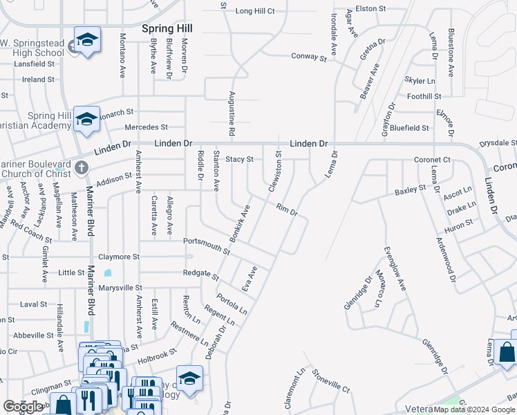map of restaurants, bars, coffee shops, grocery stores, and more near 2485 Clewiston Street in Spring Hill